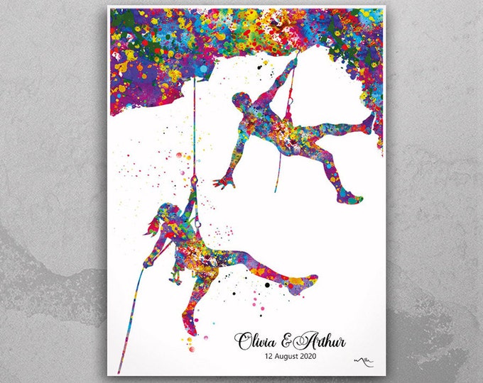 Climber Couple Personalised Watercolor Print Rock Climber Man Woman Mountain Climb Gift Poster Extreme Sport Adventure Outdoor Wall Art-416