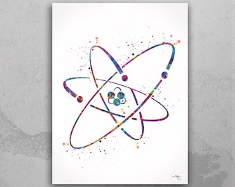 Watercolor Atom Print, Science Wall Art, Graduation Gift-994