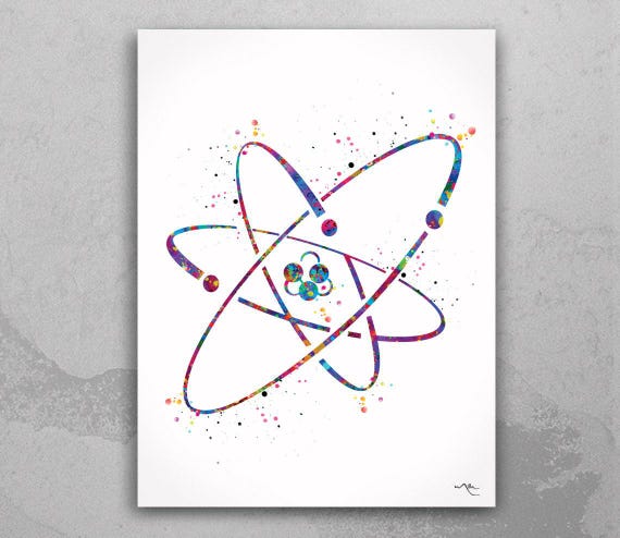 Watercolor Atom Print, Science Wall Art, Graduation Gift-994