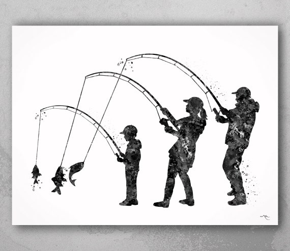 Fishing Family Watercolor Print Mom Dad and Son Fishing Poster