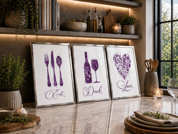 Eat Drink Love Watercolor Kitchen Art Prints, Set of 3-1238