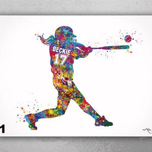 Softball Player Girl Personalised Watercolor Print Softball Gift Female Women Baseball Gift Teen Bedroom Decor Customize Gift Wall Art-2601