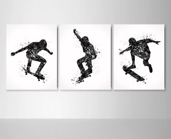 Skateboarder Watercolor Art Prints, Black and White Teen Room Decor (Set of 3)-2133