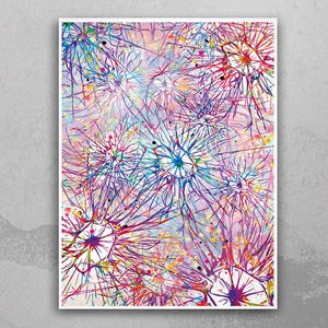May include: Abstract art print featuring a colourful design of interconnected neurons, resembling a network of branches or a constellation of stars. The background is a soft pink with splashes of colour.