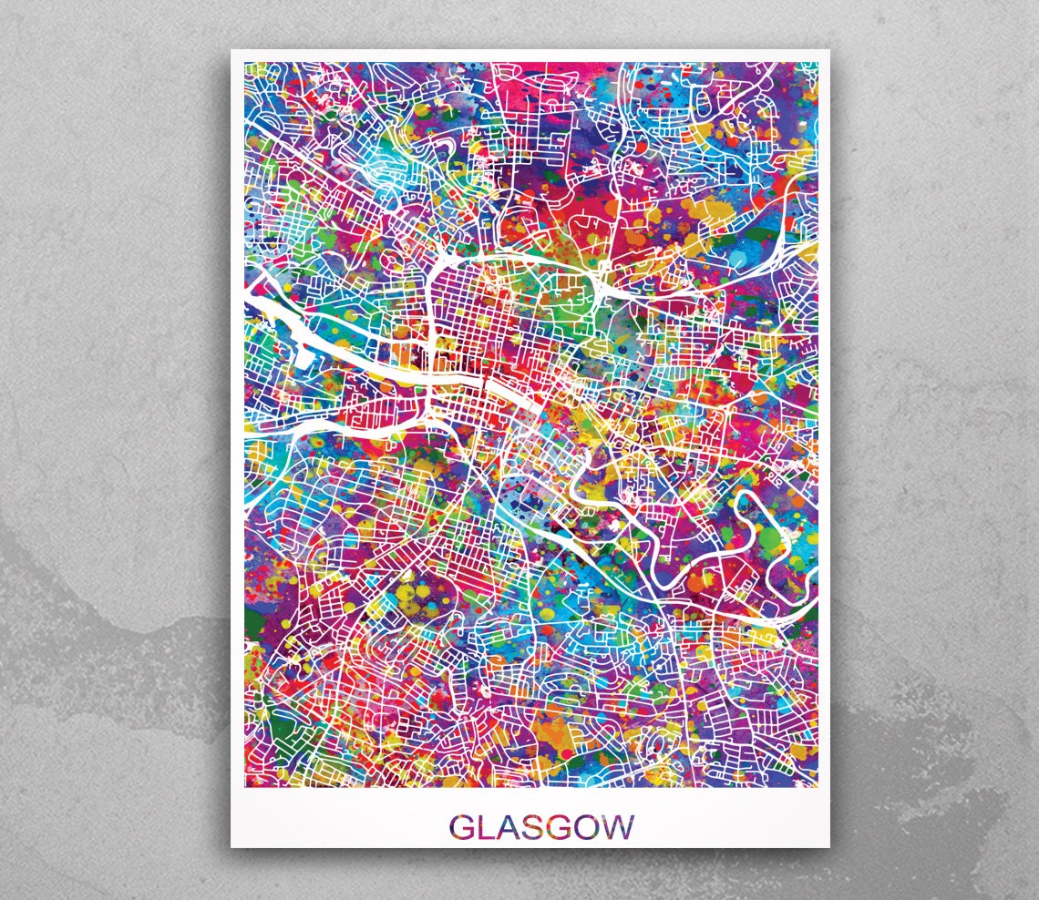 Glasgow Map Print Watercolor Art Print Glasgow Street Map Etsy UK