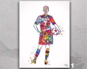 Soccer Player Personalized Watercolor Print Female Football Gift Soccer Player Girl Soccer Woman Personalized Gift Customize Wall Art-1984