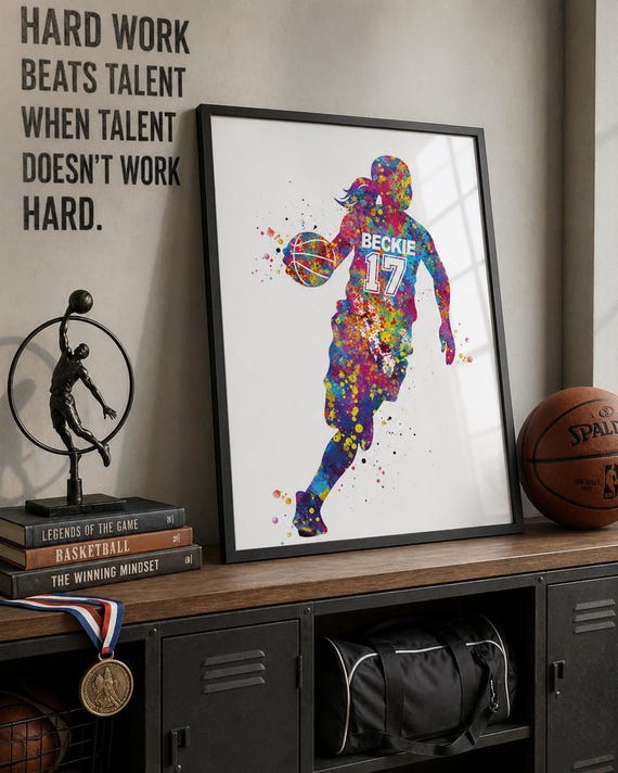 Personalized Basketball Player Watercolor Print, Girls Room Decor-2594