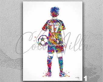 Soccer Player Boy Personelized Watercolor Print Male Football Gift Boys Room Decor Soccer Kids Personalized Customize Gift Wall Art-2547