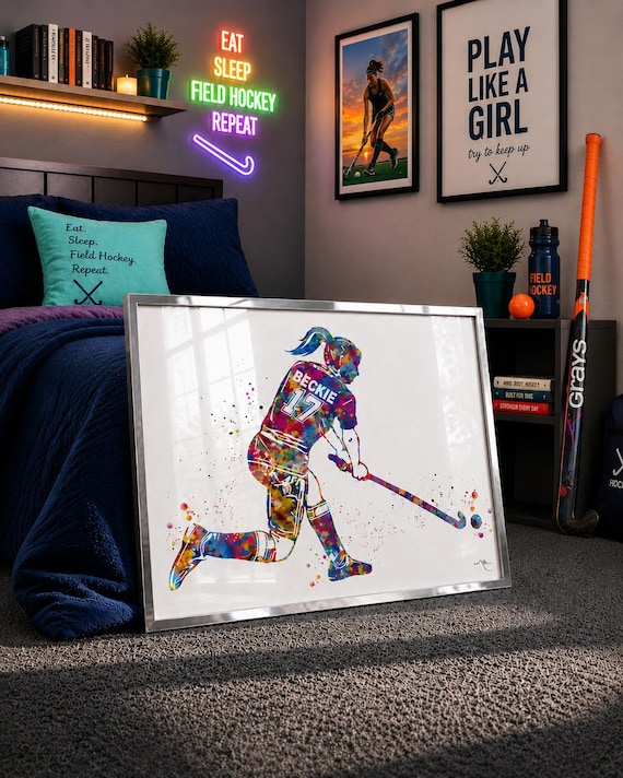 Personalized Field Hockey Print, Watercolor Girl Room Decor-2636
