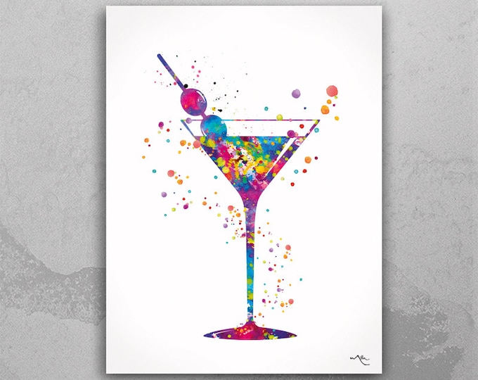 Martini Glass Cocktail Glass Drink Watercolor Print Bar Celebretion Wedding Gift Drinks Home Party House Warming Kitchen Cafe Bar Decor-728