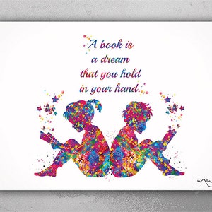 Watercolor Children Reading Art Print, Book Lover Gift, Library Nursery Decor-1178