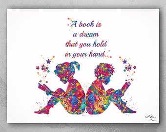 Watercolor Children Reading Art Print, Book Lover Gift, Library Nursery Decor-1178