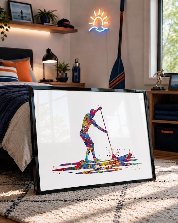 Paddle Boarder Watercolor Print, Colorful Sports Wall Art-2363