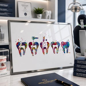 Op de afbeelding: Een ingelijste aquarelprint van tanden in heldere kleuren. Het kunstwerk wordt tentoongesteld op een bureau met boeken over tandheelkunde, een model van tanden en een pen. De tekst "DENTAL EXCELLENCE" is zichtbaar op een donkerblauw notitieboek.