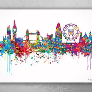 Może przedstawiać: Kolorowy obraz akwarelowy przedstawiający panoramę Londynu, z charakterystycznymi zabytkami, takimi jak Big Ben, London Eye i Tower Bridge. Obraz został wykonany w żywej palecie kolorów niebieskiego, zielonego, czerwonego i żółtego, a rozpryski farby tworzą dynamiczny i energetyczny efekt.