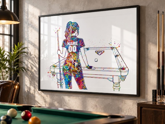 Personalized Billiards Female Watercolor Print, Snooker Girl Player Wall Art-3067