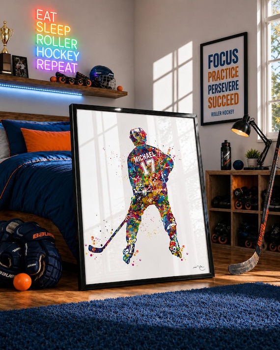 Personalized Roller Hockey Watercolor Print, Boys Room Decor-2407