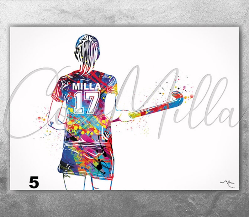 Field Hockey Player Women Girl Female Personalized Watercolor Print Sports Girl Teen Room Decor Personalized Gift Customize Wall Art-2387 image 5