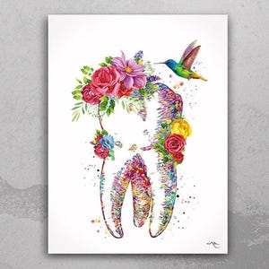 Floral Tooth Watercolor Print Tooth Flowers Anatomical Art Dental Clinic Decor Art Dentistry Office Medical Graduaiton Dentist Gift Art-1327