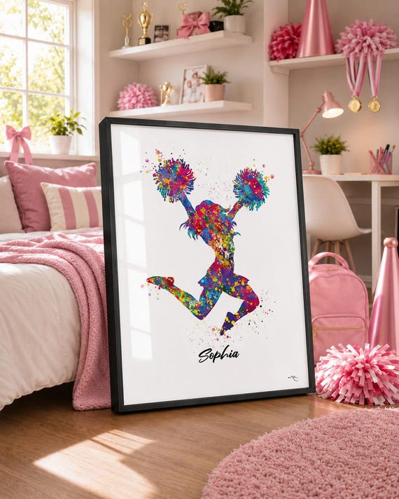 Personalized Cheerleader Girl Watercolor Print, Teen Room Decor-2759