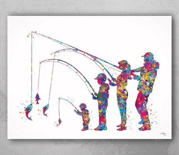 Family Fishing Watercolor Print, Colorful Kids Room Wall Art-2262