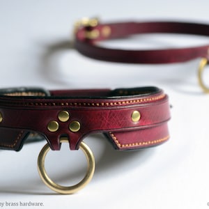 May include: An oxblood leather collar featuring a wide band with a central brass O-ring, secured by three brass rivets and accented with contrast stitching. A second, thinner matching leather strap with a brass O-ring is positioned behind it.