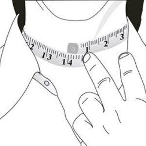 May include: A black and white line drawing of a shirt collar being measured with a flexible measuring tape. The tape shows numerical markings in inches, wrapping around the neck area to indicate how to determine the correct collar size.