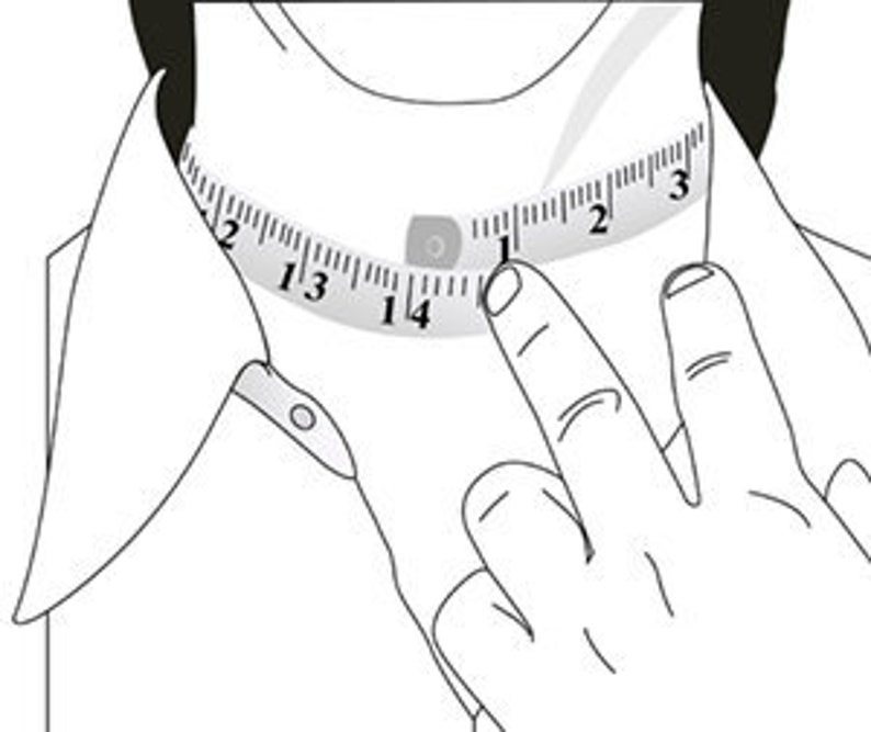 May include: A black and white line drawing of a shirt collar being measured with a flexible measuring tape. The tape shows numerical markings in inches, wrapping around the neck area to indicate how to determine the correct collar size.