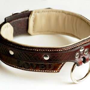 May include: A dark brown leather collar featuring a cream-colored interior lining, silver-toned metal rivets, and a central silver-toned O-ring. The word LOVED is embossed on the outer surface of the leather band, which is stitched with white thread.