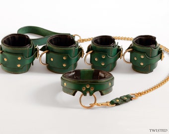 Handmade Leather Collar, Cuffs and Leash Set, BDSM Bondage Gear