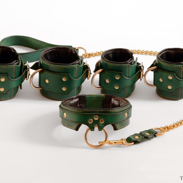 Handgefertigtes Set aus Lederhalsband, Manschetten und Leine, BDSM Bondage Zubehör