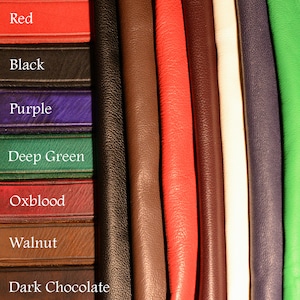 May include: A collection of leather strips and folded leather pieces in various colors including Royal Blue, Red, Black, Purple, Deep Green, Oxblood, Walnut, Dark Chocolate, and Mahogany, with each color labeled clearly in white text on the left side.