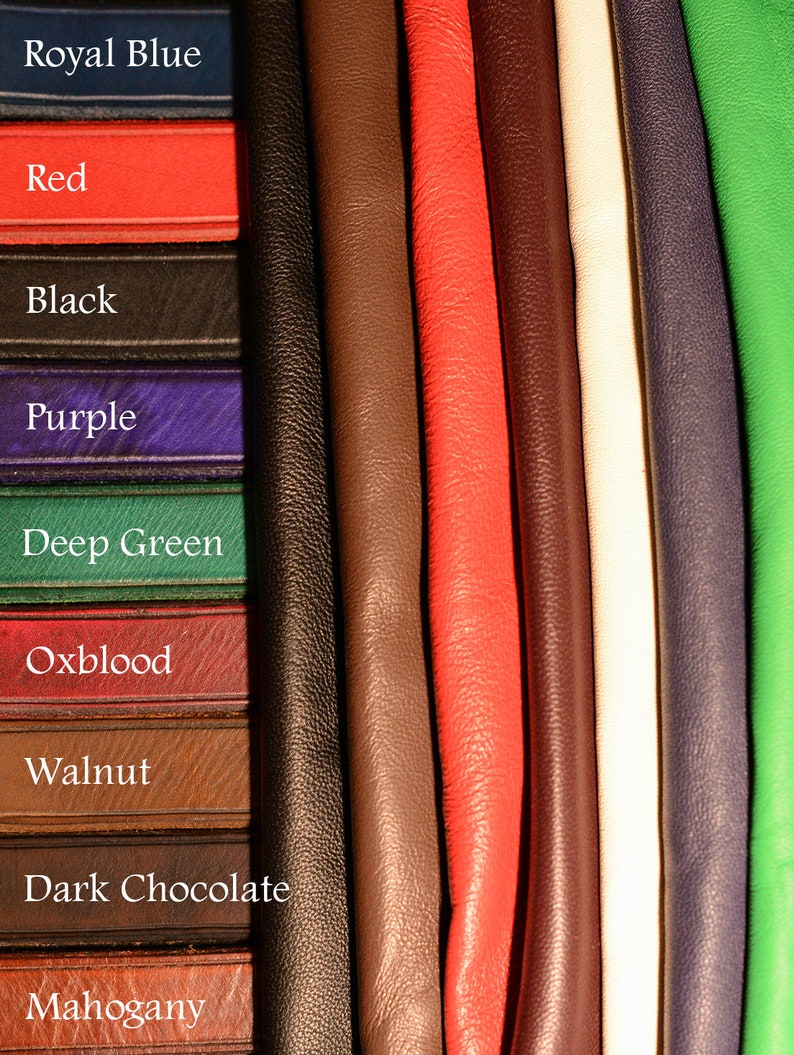 May include: A collection of leather strips and folded leather pieces in various colors including Royal Blue, Red, Black, Purple, Deep Green, Oxblood, Walnut, Dark Chocolate, and Mahogany, with each color labeled clearly in white text on the left side.