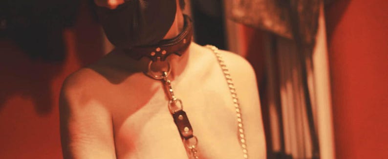 May include: A black leather collar featuring silver-toned metal hardware, including a central O-ring and a vertical strap attachment. A silver-toned metal chain is connected to the collar, extending downwards and across the chest area.