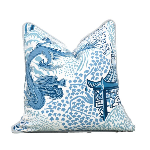 Blue Chinoiserie Pillow Covers, Pagoda and Dragon pillow, Square and Lumbar pillows 16x16, 18x18, 20x20, 14x20, Fabric by Vern Yip