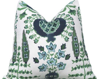 Thibaut Suzani Pillow Cover: Blue & Green on White, Designer Accent Pillow