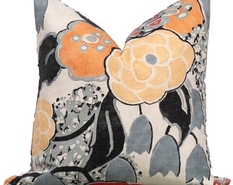 Thibaut Laura Coral and Black Decorative Pillow Cover 18x18, 20x20, 22x22, Euro Shams, Lumbar size, Thibaut Pillow Cover, Designer Pillow