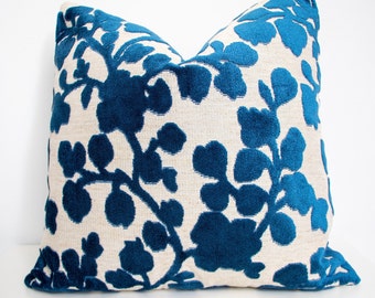 Blossom Cut Velvet Pillow Cover in &quot;Sapphire&quot;, Decorative Pillow, Euro Shams, Lumbar Pillow Cover, Throw Pillow, Floral Fabric by VernYip.