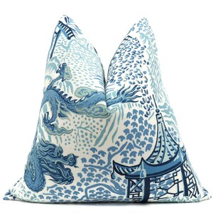 Blue Chinoiserie Pillow Covers, Pagoda and Dragon pillow, Square and Lumbar pillows 16x16, 18x18, 20x20, 14x20, Fabric by Vern Yip