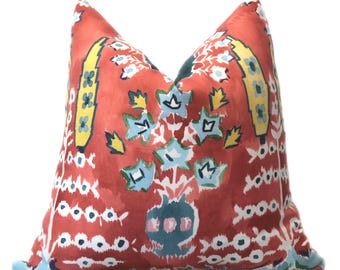 Coral Suzani Pillow Cover: Thibaut Designer Linen, Various Sizes