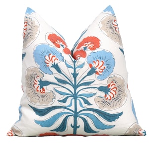 Thibaut Tybee Tree Blue & Coral Decorative Pillow Cover 18x18, 20x20, 22x22, Euro Shams, Lumbar size, Thibaut Pillow Covers, Designer Pillow