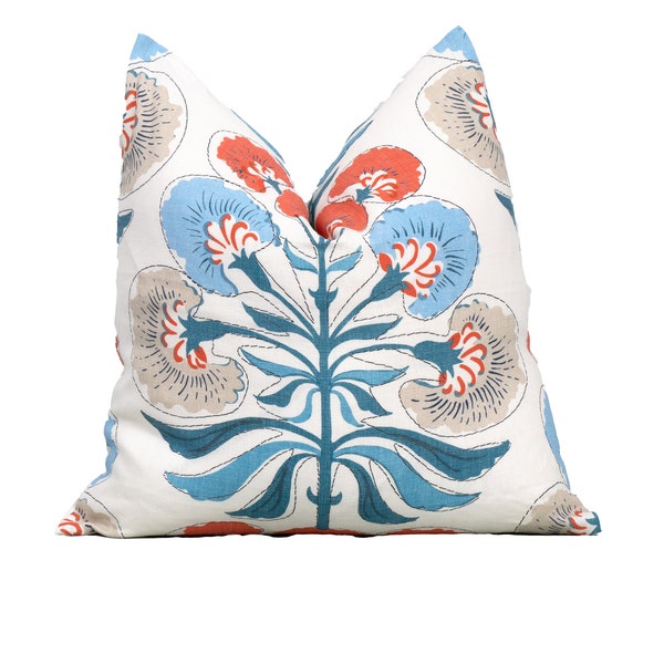 Thibaut Tybee Tree Blue & Coral Decorative Pillow Cover 18x18, 20x20, 22x22, Euro Shams, Lumbar size, Thibaut Pillow Covers, Designer Pillow