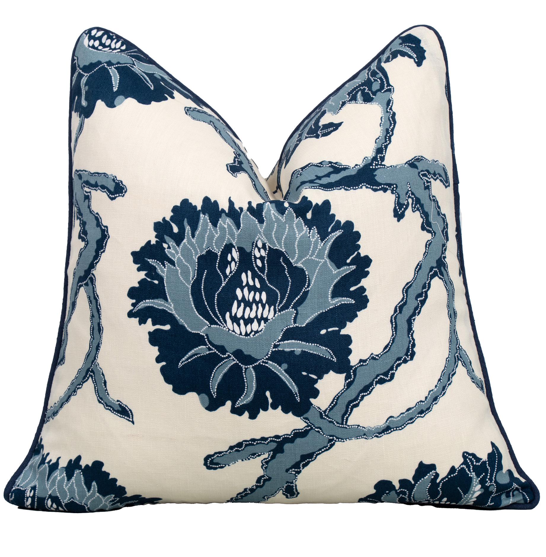 Indigo Pillow Cover contrast Self-welting, French General Floral Throw Pillow Cover, Jacobean Pillow, Decorative Pillows, Designer Pillows.