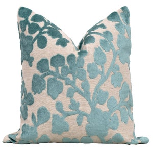Blossom Cut Velvet Pillow Cover in &quot;Aqua / Teal&quot; Decorative Pillow, Euro Shams, Lumbar Pillow Cover, Throw Pillow, Floral Fabric by VernYip.