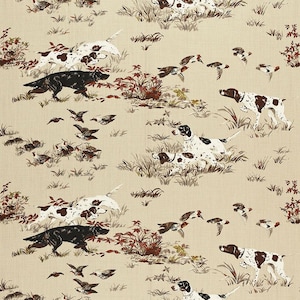 May include: A beige fabric with a repeating pattern of black and white dogs, brown and white dogs, and brown birds in flight. The dogs are running and the birds are flying in a variety of directions.