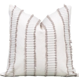 Modern White and Gray Pillow Cover, Calders-Fringe in Ash, Euro Shams, Lumbar Pillow Cover, Designer White Throw Pillow, Designer Fabric.