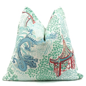 Dragon & Pagoda Pillow Cover, &quot;AQUA GARDEN&quot; Chinoiserie Pillow Cover,  Green, Blues Reds Asian Scenery Pillow, Designer Fabric by Vern Yip