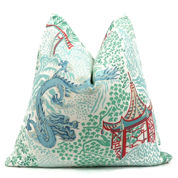 Dragon & Pagoda Pillow Cover, "AQUA GARDEN" Chinoiserie Pillow Cover,  Green, Blues Reds Asian Scenery Pillow, Designer Fabric by Vern Yip