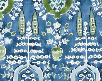 Thibaut Mendoza Suzani Pillow Cover: Blue & Green Linen on Navy Decorative Pillow