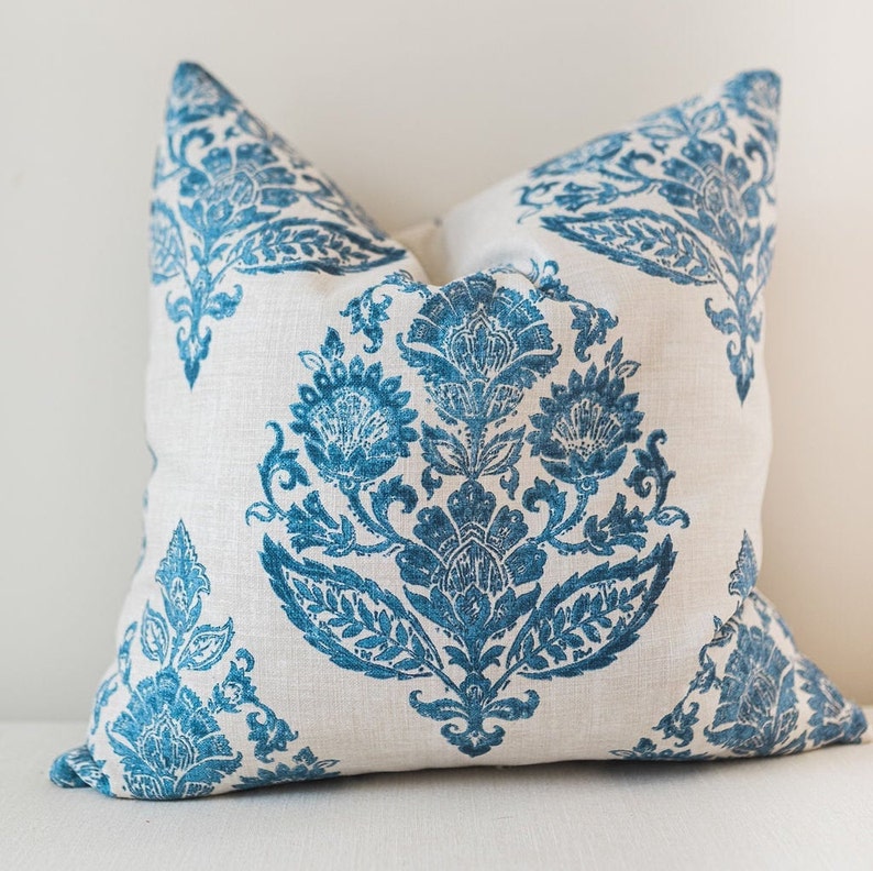 Blue Damask Pillow Cover LYDIA by Jennifer Adams in Antique Etsy